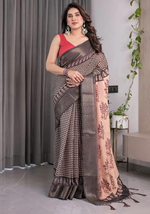 Beige Embroidered Linen Saree Set