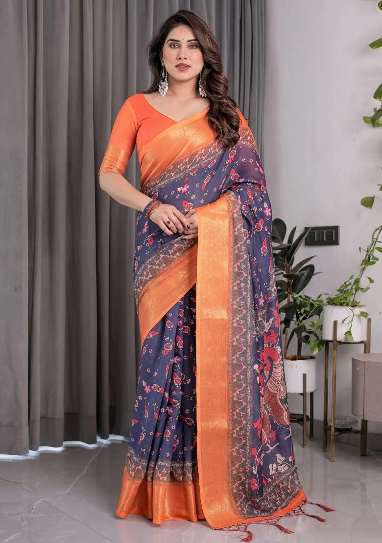 Orange Embroidered Linen Saree Set - Indya
