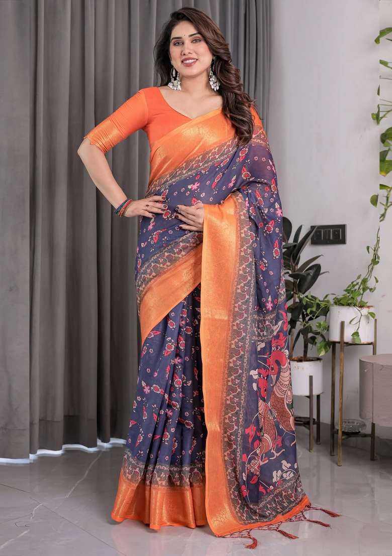 Orange Embroidered Linen Saree Set - Indya