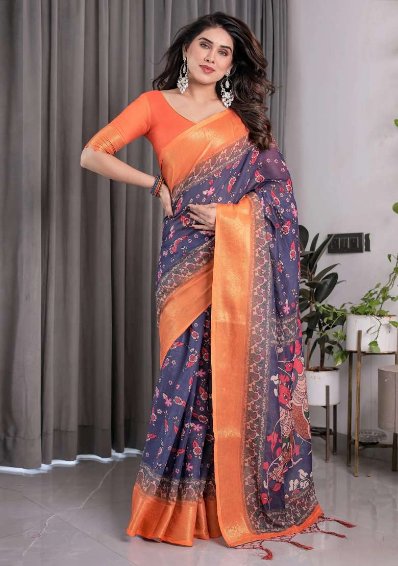 Orange Embroidered Linen Saree Set - Indya