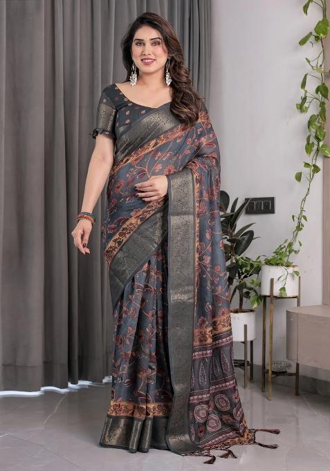 Grey Embroidered Linen Saree Set