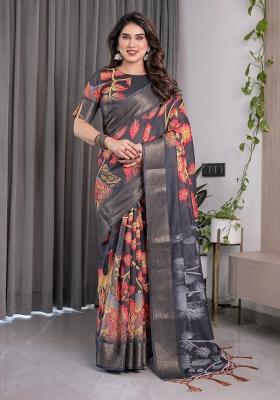 Multicolor Embroidered Linen Saree Set