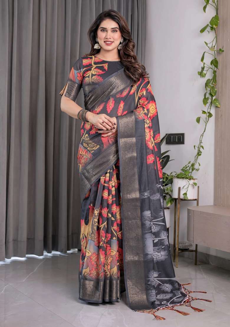 Multicolor Embroidered Linen Saree Set - Indya