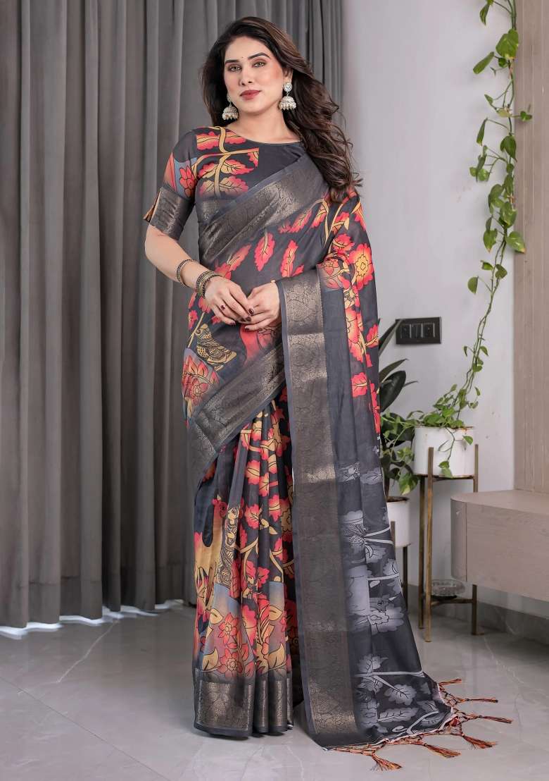 Multicolor Embroidered Linen Saree Set - Indya