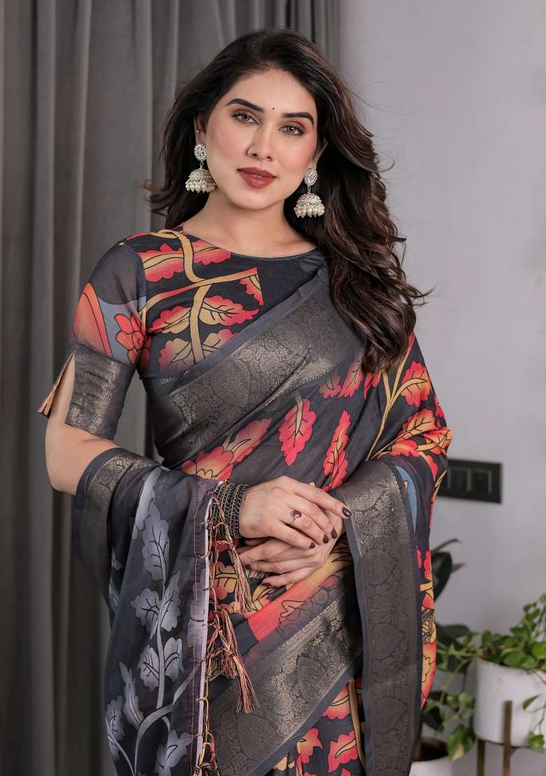 Multicolor Embroidered Linen Saree Set - Indya