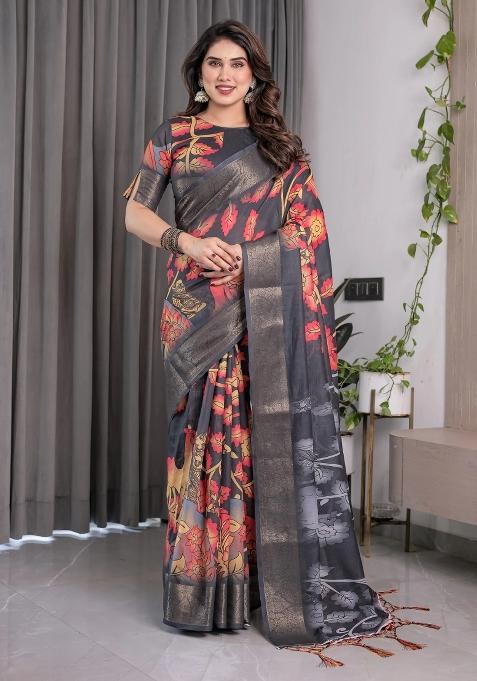 Multicolor Embroidered Linen Saree Set