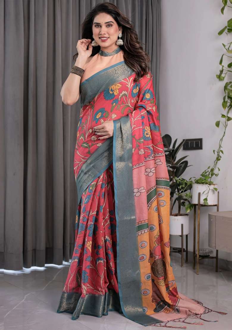 Multicolor Embroidered Linen Saree Set - Indya
