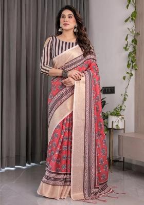 Red Embroidered Linen Saree Set