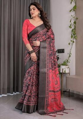 Red Embroidered Linen Saree Set