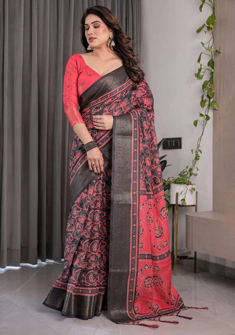 Red Embroidered Linen Saree Set - Indya