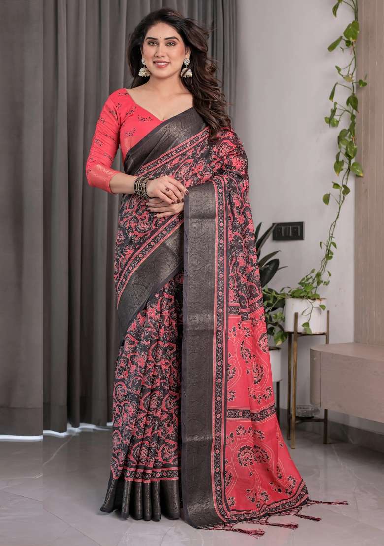 Red Embroidered Linen Saree Set - Indya
