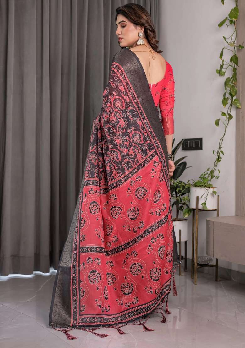 Red Embroidered Linen Saree Set - Indya