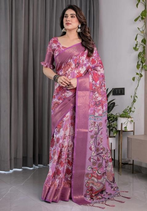 Pink Embroidered Linen Saree Set