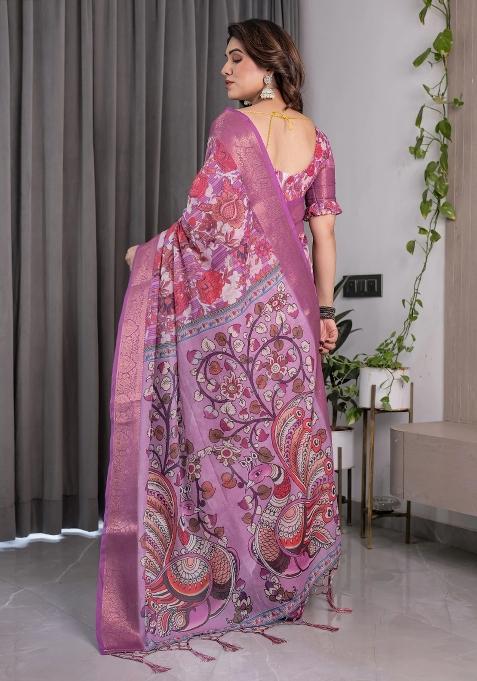 Pink Embroidered Linen Saree Set