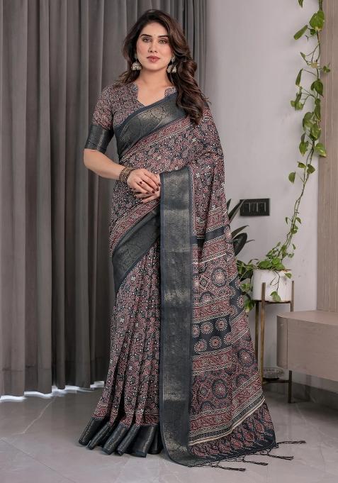 Black Embroidered Linen Saree Set