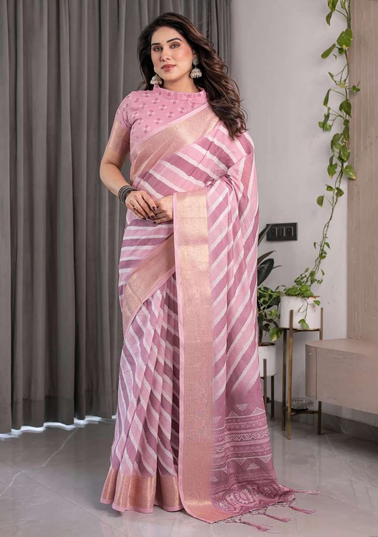 Pink Embroidered Linen Saree Set - Indya