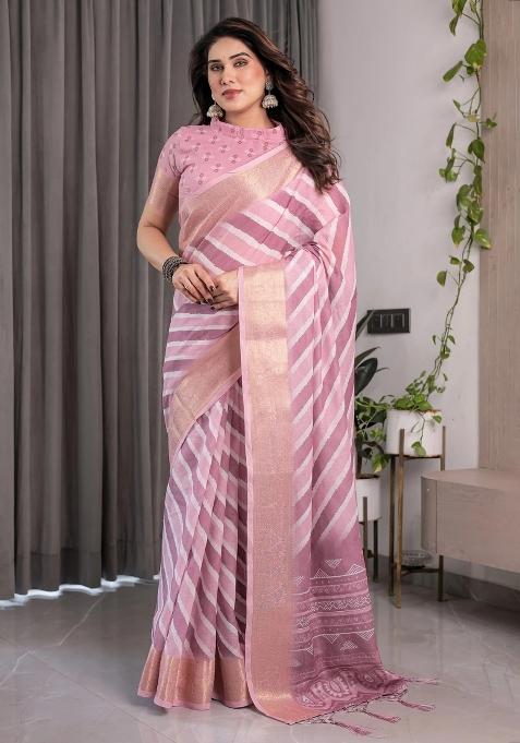 Pink Embroidered Linen Saree Set