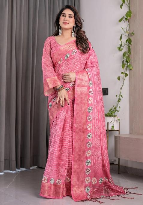 Pink Embroidered Linen Saree Set
