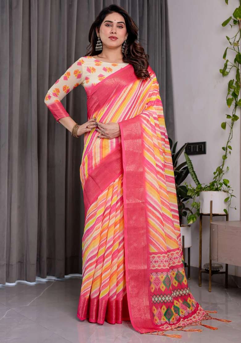 Multicolor Embroidered Linen Saree Set - Indya
