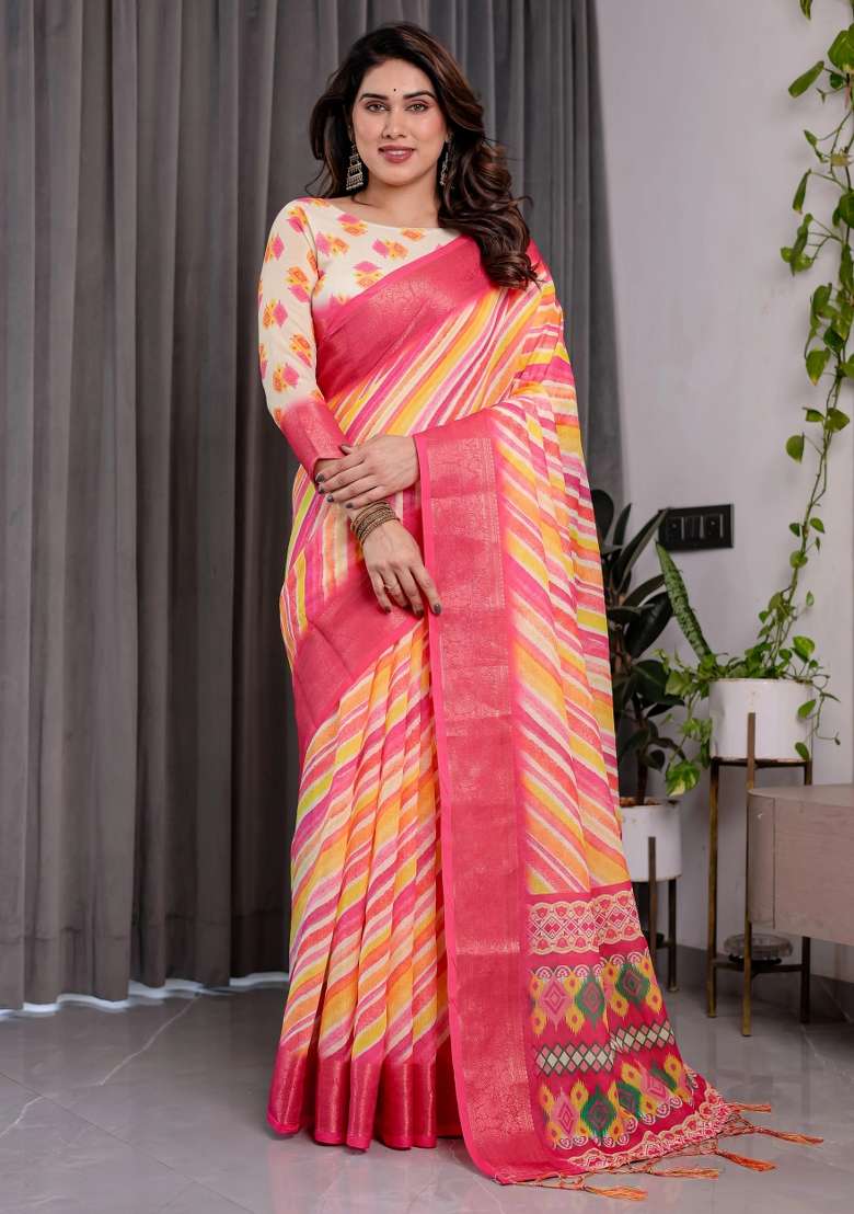 Multicolor Embroidered Linen Saree Set - Indya