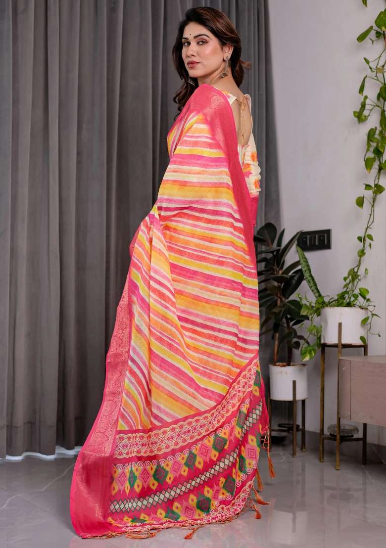 Multicolor Embroidered Linen Saree Set - Indya