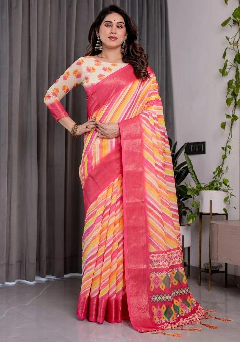 Multicolor Embroidered Linen Saree Set
