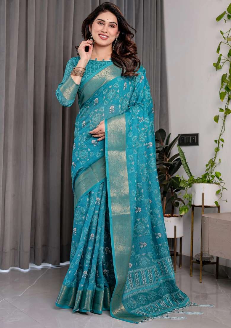 Blue Embroidered Linen Saree Set - Indya