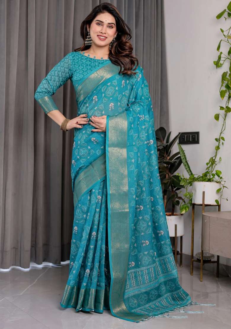 Blue Embroidered Linen Saree Set - Indya