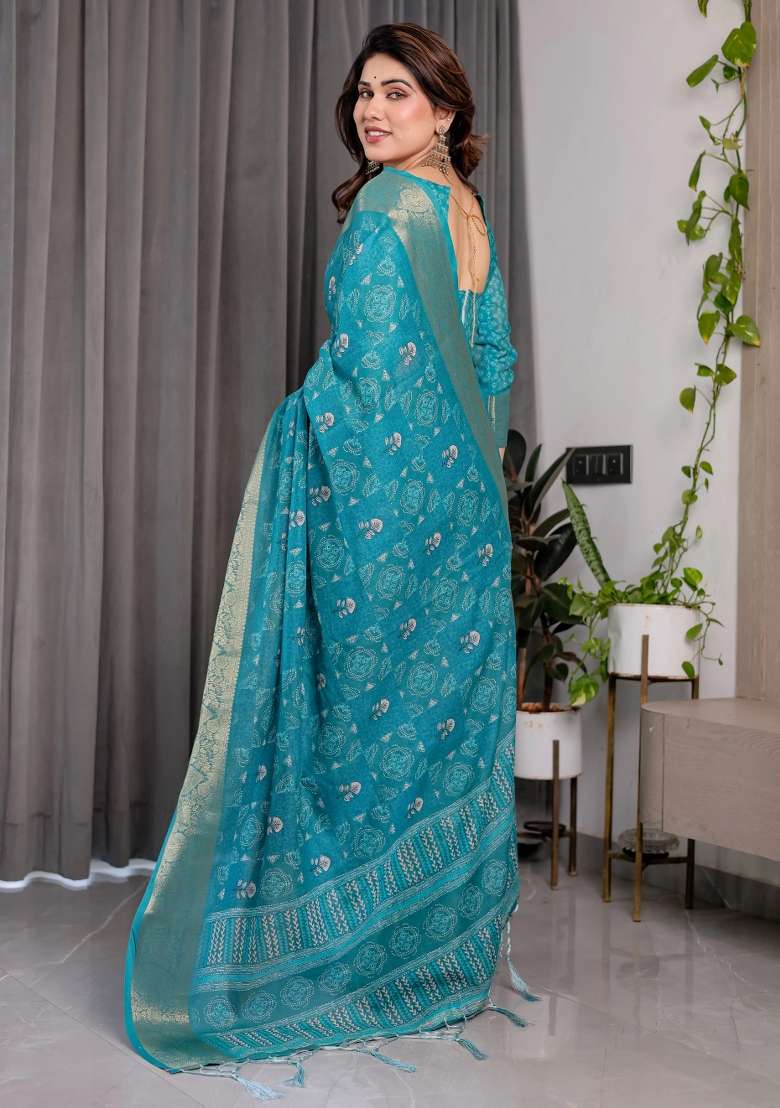 Blue Embroidered Linen Saree Set - Indya