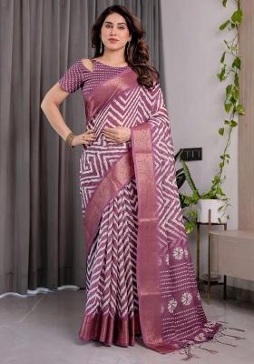 Purple Embroidered Linen Saree Set