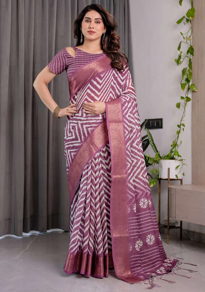 Purple Embroidered Linen Saree Set - Indya