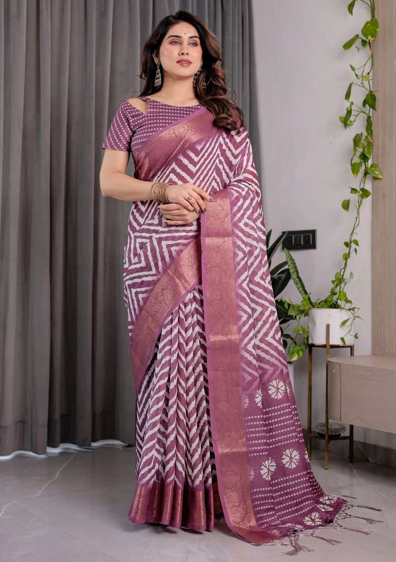 Purple Embroidered Linen Saree Set - Indya