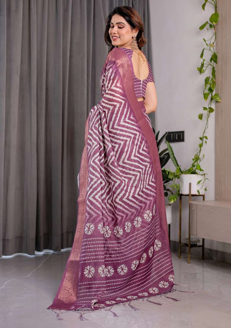 Purple Embroidered Linen Saree Set - Indya