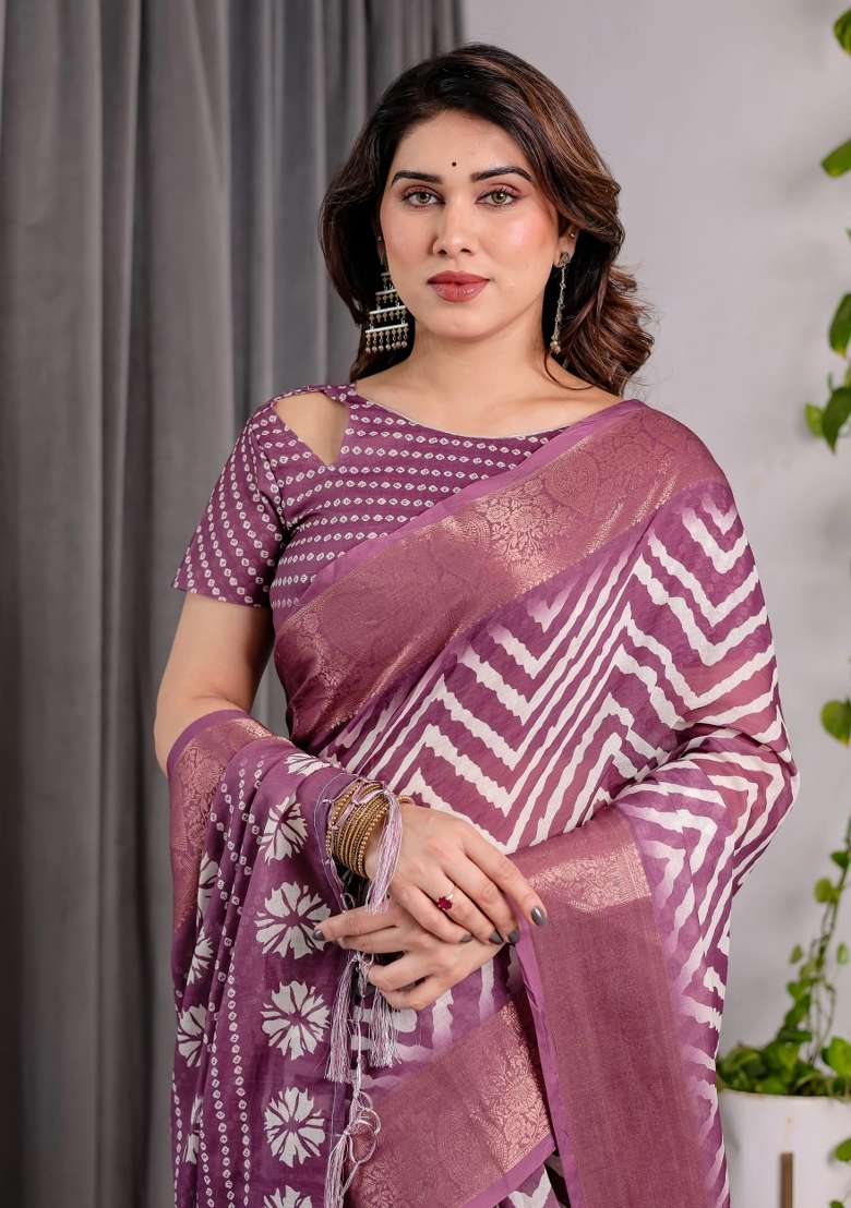 Purple Embroidered Linen Saree Set - Indya