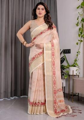 Beige Embroidered Linen Saree Set