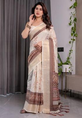 Beige Embroidered Linen Saree Set