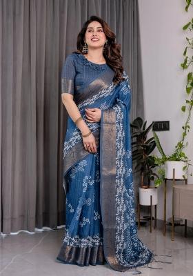 Blue Embroidered Linen Saree Set