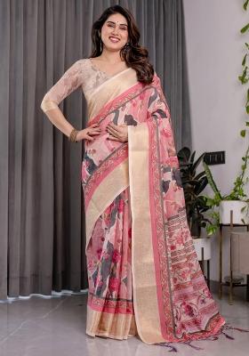 Pink Embroidered Linen Saree Set