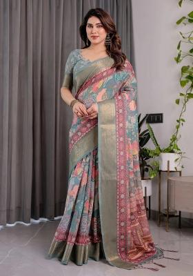 Green Embroidered Linen Saree Set