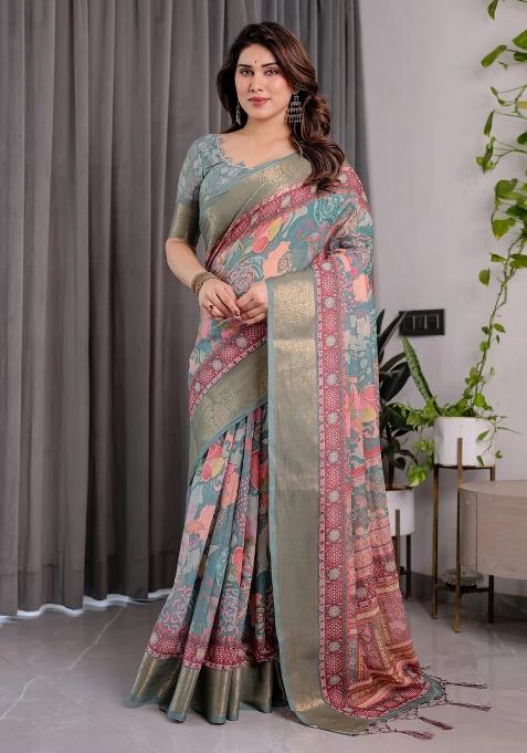 Green Embroidered Linen Saree Set