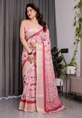 Pink Embroidered Linen Saree Set