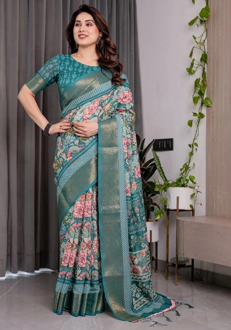 Green Embroidered Linen Saree Set