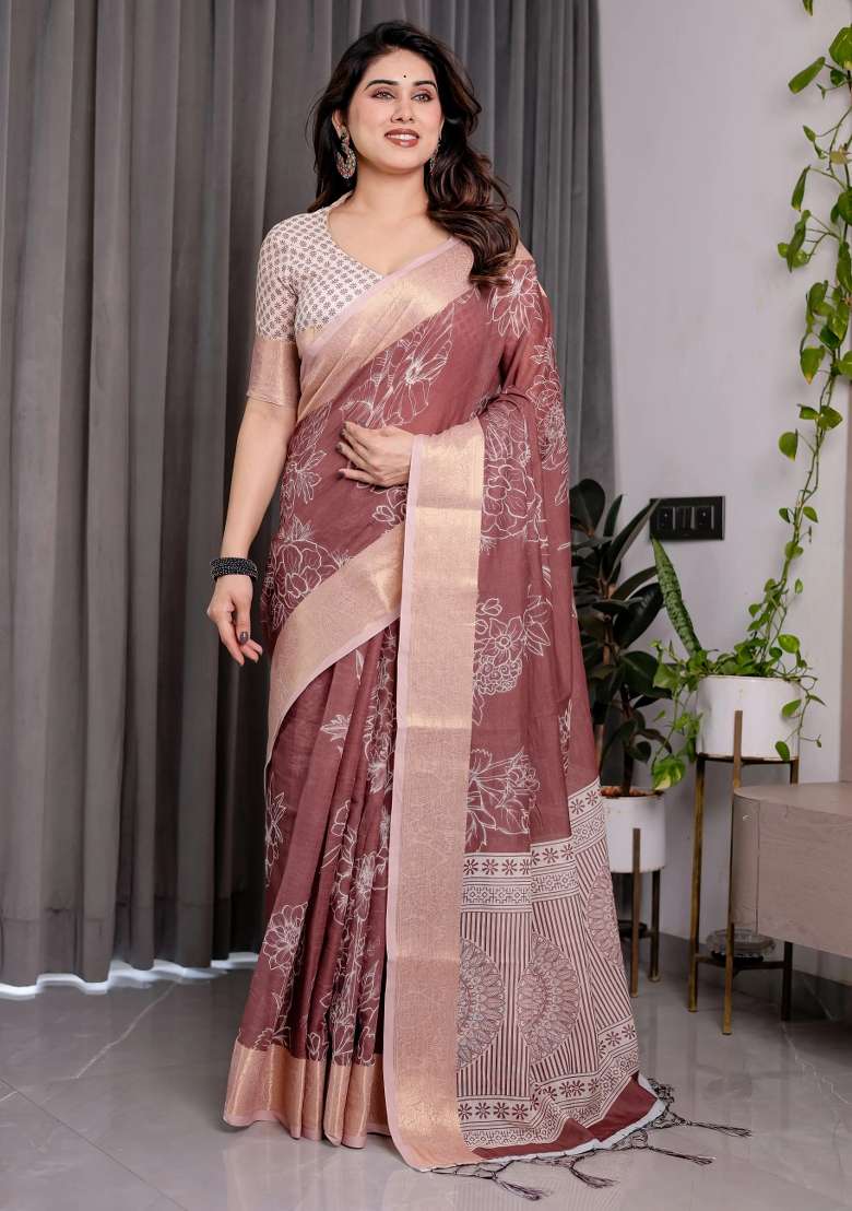 Maroon Embroidered Linen Saree Set - Indya