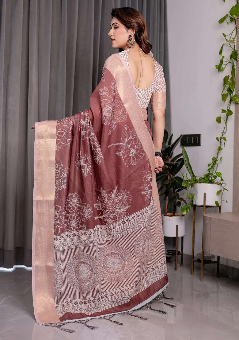 Maroon Embroidered Linen Saree Set - Indya