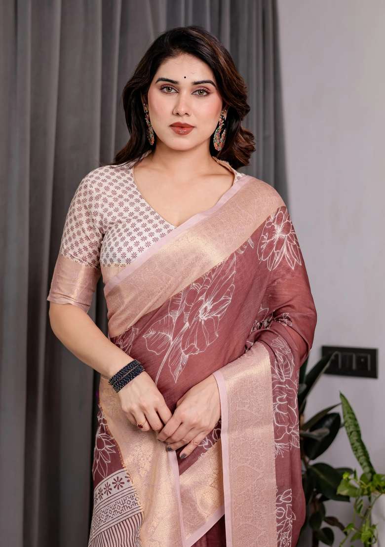 Maroon Embroidered Linen Saree Set - Indya