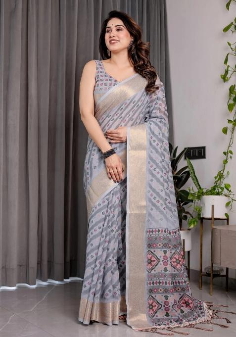 Grey Embroidered Linen Saree Set