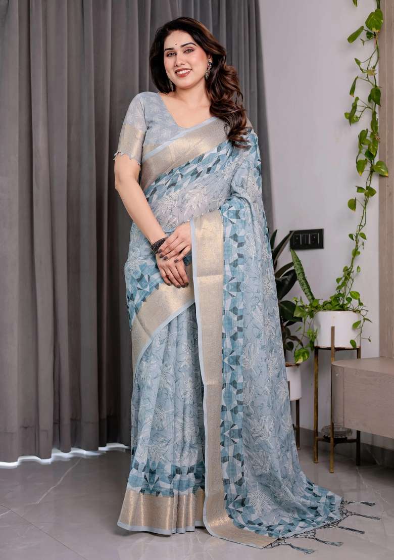 Blue Embroidered Linen Saree Set - Indya