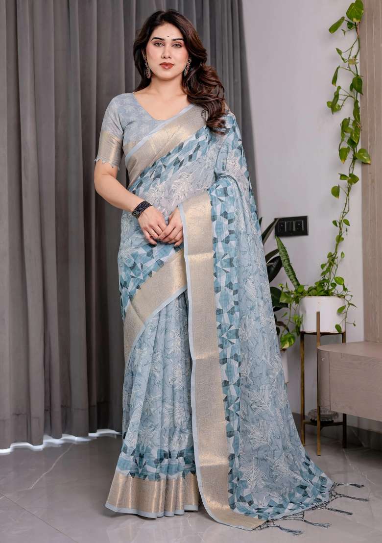 Blue Embroidered Linen Saree Set - Indya