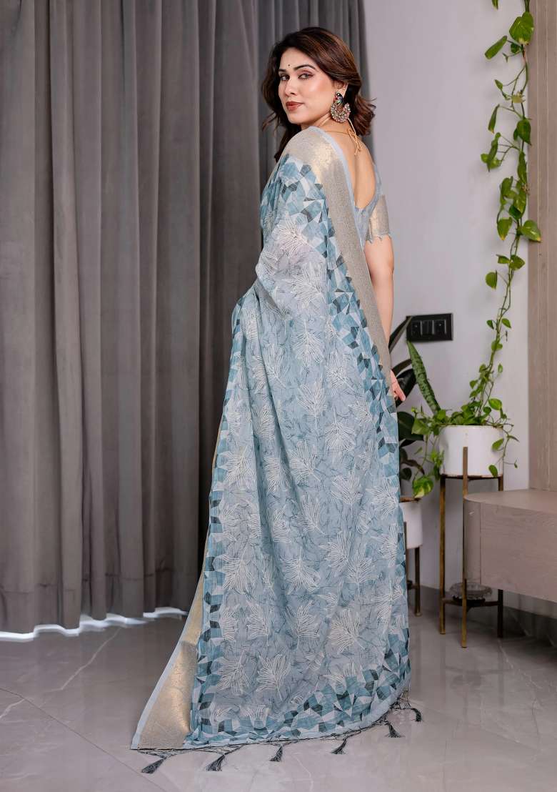 Blue Embroidered Linen Saree Set - Indya