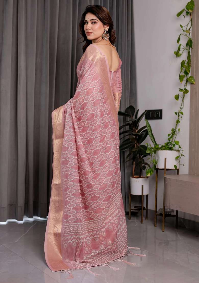 Pink Embroidered Linen Saree Set - Indya